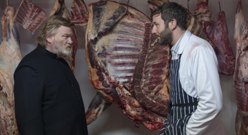 Brendan Gleeson as the good priest and Chris O'Dowd as Jack Brennan in John Michael McDonagh's  Dark Comedy, Calvary |Photo Credit Fox Searchlight Pictures